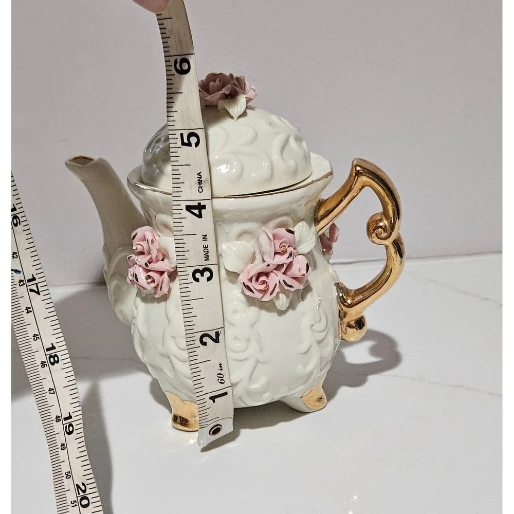 Vintage Miniature Porcelain Teapot Pink 3D Roses Gold Trim Embossed Scroll Decor